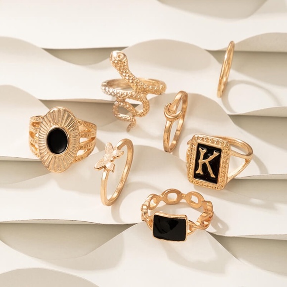 **EZLYNN* 7-Pc Gold x Black Snake Unique Fashion Ring Set - Picture 1 of 5